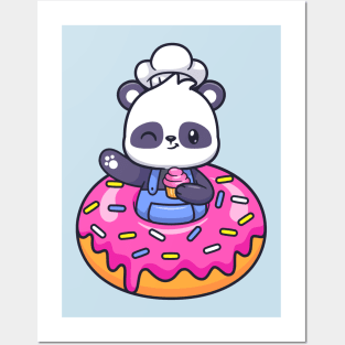 Cute Chef Panda With Donut Holding Cake Cartoon Posters and Art